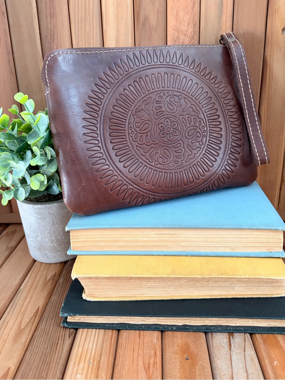 Patricia Nash Embossed Leather Wristlet Clutch,Medallion Tooled Zippered Pouch